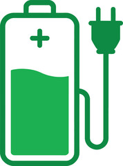 Green battery charging icon with electric plug
