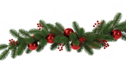 Christmas garland with red ornaments and berries on green pine branches isolated on a transparent background