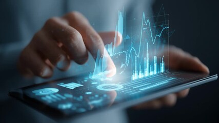 Hand touching holographic blue financial charts data analytics smartphone digital economy growth visualization business tech - Powered by Adobe