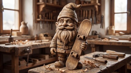 Intricately Carved Wooden Gnome Holding a Skateboard in a Rustic Workshop, Showcasing Artisan Craftsmanship