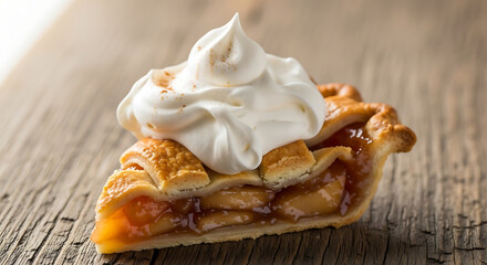 Slice of Peach Pie with Whipped Cream on Rustic Wood