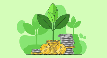Stacks of coins with growing plant illustration, symbolizing financial growth and investment in a green economy with sustainability and eco friendly