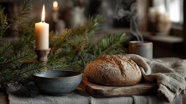 Rustic bread loaf candle fir branches pottery bowl linen cloth holiday table warm lighting cozy dining