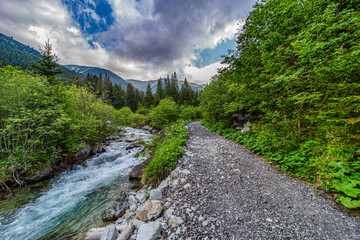 Obraz premium A picturesque gravel hiking trail winding through the mountains next to a fast-flowing alpine river. High Tatras National Park landscape with evergreen forests, lush vegetation, and a dramatic cloudy 