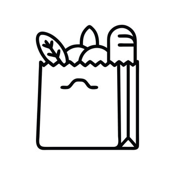 Grocery bag filled with fresh food items icon in a simple minimalist black line art style.