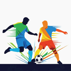 Obraz premium Two stylized soccer players in colorful jerseys kicking a football with dynamic energy lines, depicting a vibrant sports moment.