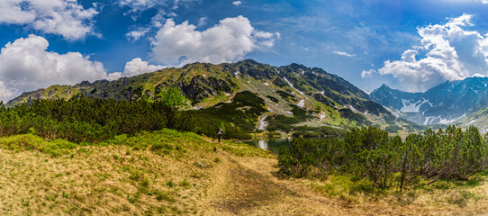 Stunning view of Nizne Temnosmrecinske pleso, a glacial lake in the High Tatras National Park, Slovakia. The image features transparent water with rocks on the bottom, surrounding jagged mountain peak