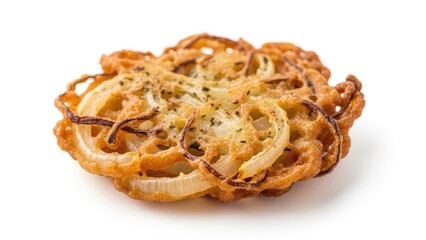 Fototapeta premium Ramadan single food Crispy fried onion bhaji snack white background | Ramadan, Iftar, Sehri, Food, Meal, Dinner, Breakfast, Islam, Muslim, Fasting, single.