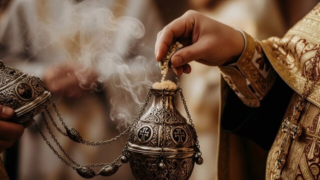 Man priest adding incense to censer at church. Liturgical practice in orthodox religion for worship and religious ceremony. Epiphany day.