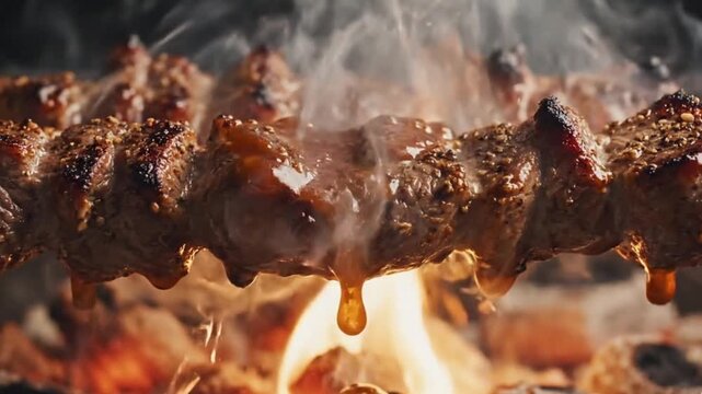 Closeup of Spicy Meat Skewers Grilling Over Flames on an Outdoor Barbecue