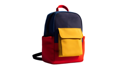 Colorful backpack with multiple pockets isolated on white background