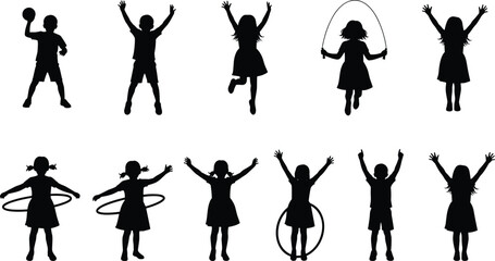 Obraz premium Children playing and jumping silhouette collection, happy kids active poses, jumping rope and hula hoop play, childhood fun, energy, motion, isolated black vector illustration set