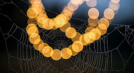 Close Up of Web with Dew Drops and Bokeh Lights