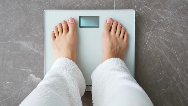 Woman thumbs up scale barefoot bathrobe fitness success weight loss motivation health achievement happy feet