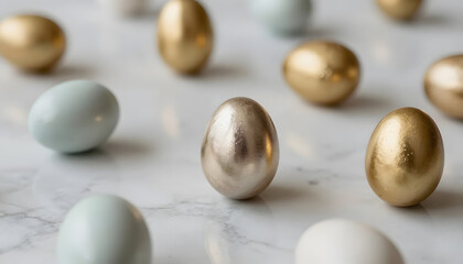 Elegant macro photography of glossy gold and silver Easter eggs arranged on a white marble surface. Refined minimalist composition with reflective metallic textures and soft studio lighting. luxury
