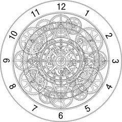 Vintage clockwork mechanism with Roman numerals and complex internal gear system technical line art illustration vector for time concept.