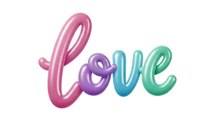 Colorful love text in pink purple blue and green isolated on transparent background