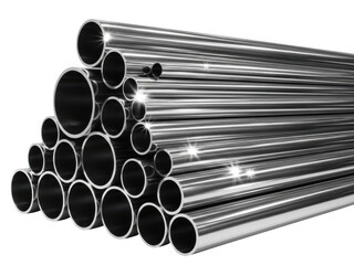 Stack of shiny metal pipes isolated on transparent background