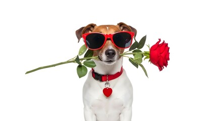 Cute dog wearing sunglasses holding red rose romantically