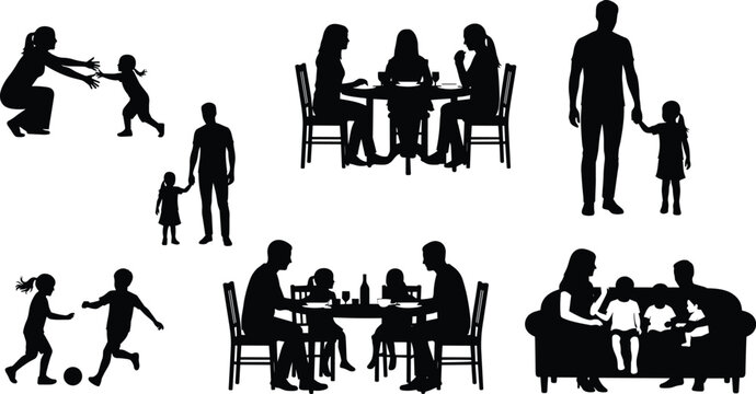 Family silhouette set showing parents children playing walking dining together, happy home life, parenthood bonding, childcare moments isolated on white background for design use - Powered by Adobe