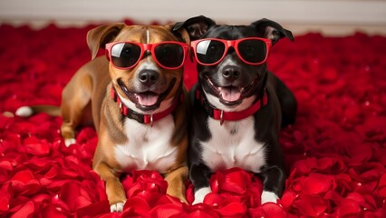 Two adorable dogs wearing trendy red sunglasses on romantic rose petals