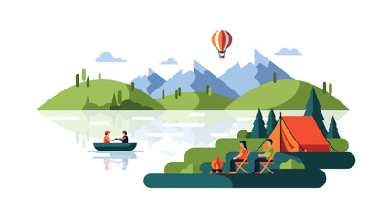 Flat Design Camping Adventure with Lake and Mountains