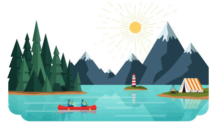Canoeing adventure on a lake with mountains, forest, and camping