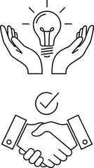 Obraz premium Black linear icons for business innovation and partnership featuring hands holding a glowing light bulb for ideas and a professional handshake with a check mark for successful agreements.