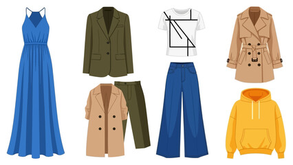 Fashion Outfit Flat Lay Collection: Dress, Jackets, Jeans, Hoodie