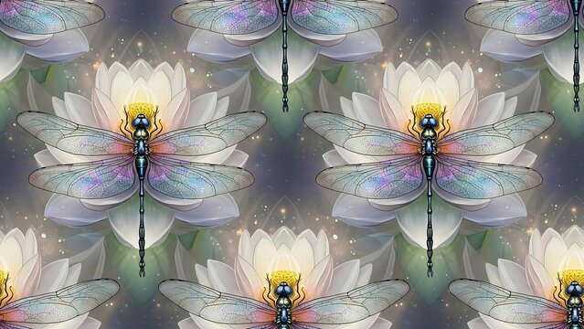Dragonflies on white lotus flowers pattern.