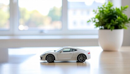 A miniature, sleek white car placed near a vibrant potted plant against the blurred background of a window