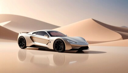 A sleek, modern sports car parked in a desert landscape with dunes