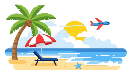 Tropical beach vacation with palm tree, umbrella, airplane and ocean