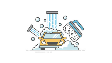 Car Wash Service Icon: Yellow Car Being Cleaned with Soap and Water