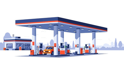 Gas Station With Car And Store - Flat Design Illustration