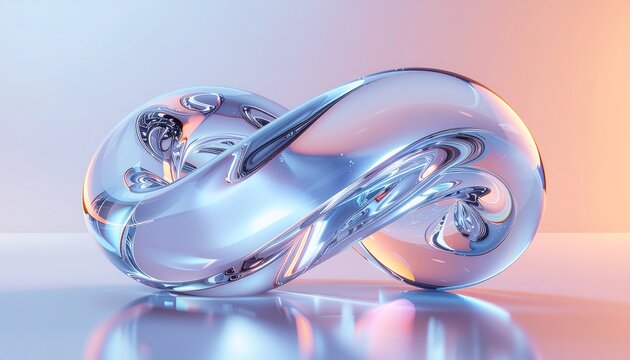 A transparent reflective infinityshaped glass sculpture on a glossy surface against a light blue and orange gradient background