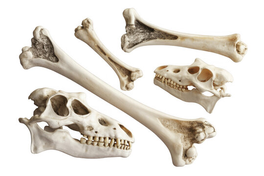 Collection of animal bones skeleton isolated on a transparent background