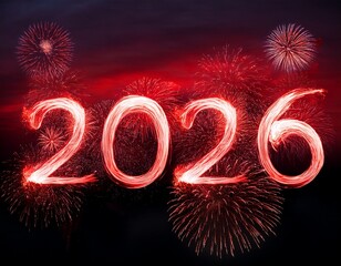 Red fireworsks on dark sky in shape of 2026