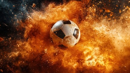 Soccer ball exploding in orange dust cloud dynamic action sports image