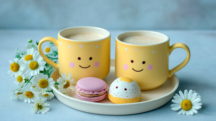 Two yellow mugs with smiling faces filled with coffee, next to chamomile flowers, a pink macaron and a cute painted egg on a white plate