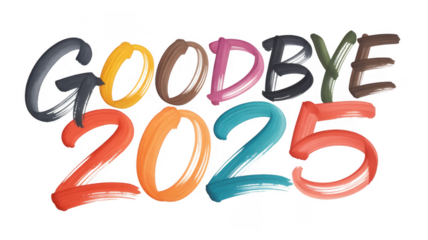 Colorful goodbye 2025 text isolated on a transparent background