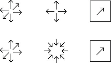 Set of black linear icons featuring multi directional expansion arrows outspread pointers and scaling symbols for web interface design and technical navigation elements.