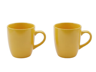 Pair of yellow ceramic mugs isolated on transparent background