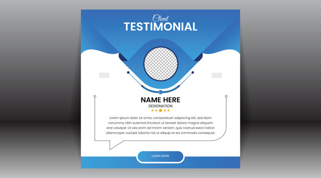 Customer feedback and client testimonial Vector Template design for Social Media Post with Circular Photo Frame, Speech Bubble Design, 5 Star Rating and Blue Abstract Background for Business Review