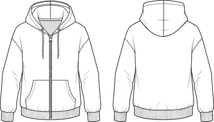 Hooded zip-up sweatshirt front back view, technical fashion sketch, kangaroo pocket hoodie, garment design template, flat vector illustration