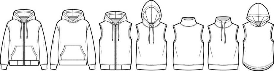 Hoodie sleeveless top sketch set, zip pullover variations, fashion technical illustration, flat vector garment drawing, apparel design template © Creative _design