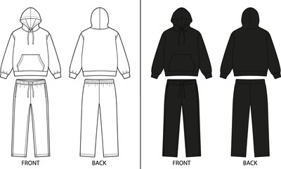 Hoodie sweatpants set sketch, front back views, black line art and solid render, technical fashion illustration, flat vector garment © Creative _design