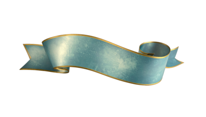 A detailed, curled ribbon in a soft blue hue with gold trim, isolated on black