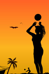 silhouette of a woman playing volleyball on the beach with a sunset background