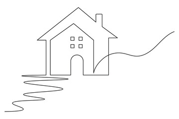 Minimalist house icon sketch in a single line art style on white background
